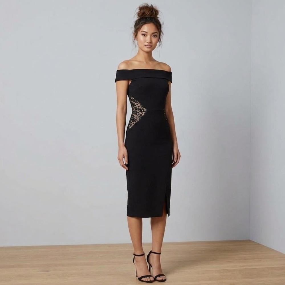 Classic Black Lace-Accent Off-Shoulder Sheath Dress